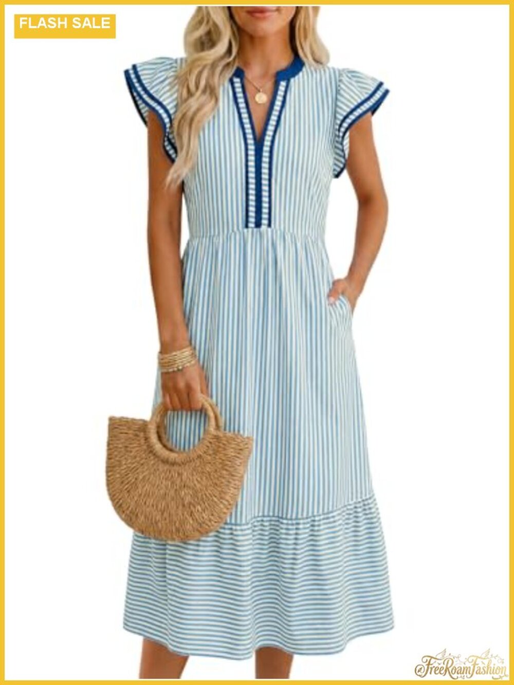 Womens Summer Floral Midi Dress Cap Sleeve Striped Sundress Boho Casual